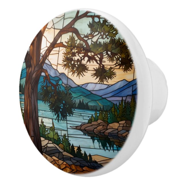 Rustic mountain range landscape stain glass  ceramic knob (Right)