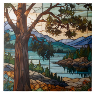 Rustic mountain range landscape stain glass ceramic tile