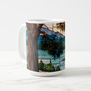 Rustic mountain range landscape stain glass coffee mug