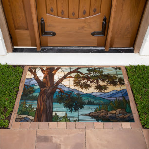 Rustic mountain range landscape stain glass  doormat