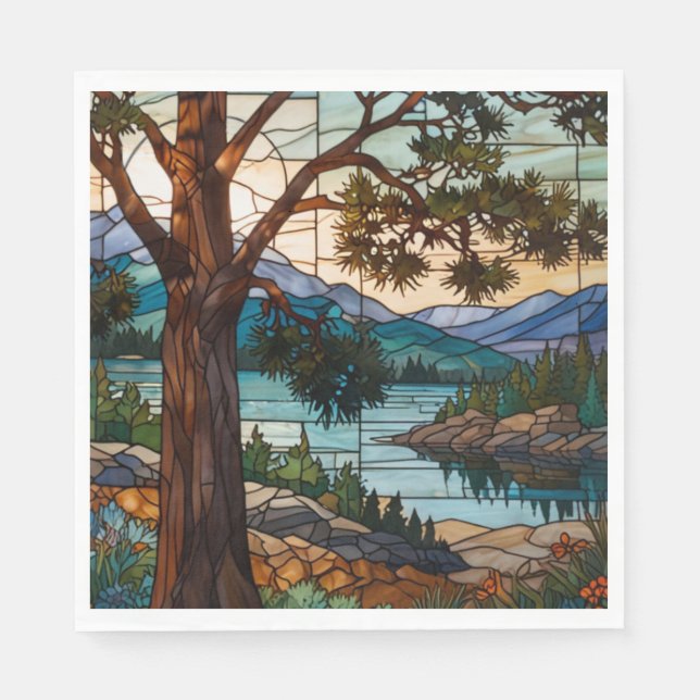 Rustic mountain range landscape stain glass  napkins (Front)