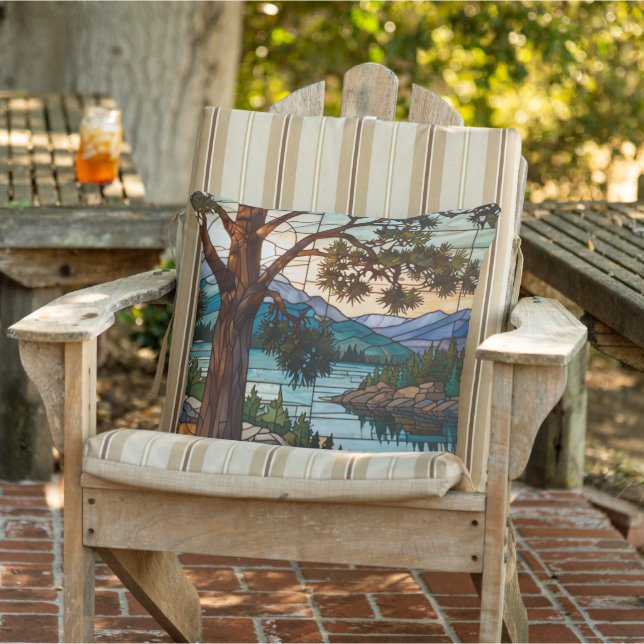 Rustic mountain range landscape stain glass  outdoor pillow (Chair)