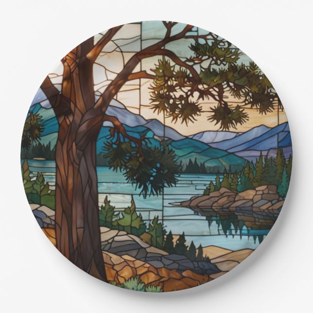 Rustic mountain range landscape stain glass  paper plates (Front)