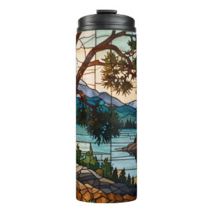 Rustic mountain range landscape stain glass thermal tumbler