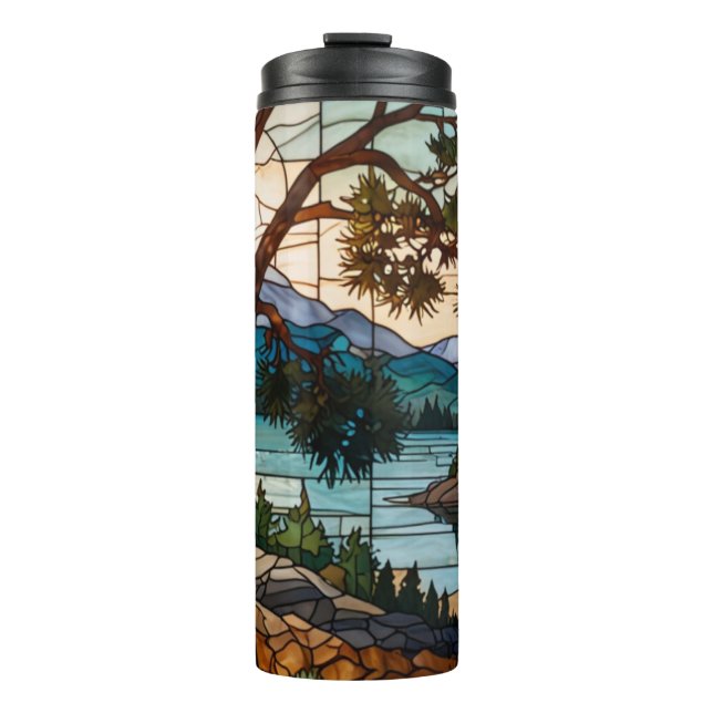 Rustic mountain range landscape stain glass  thermal tumbler (Front)