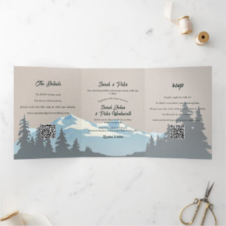 Rustic Mountain Range Pine Forest QR Code Wedding Tri-Fold Invitation