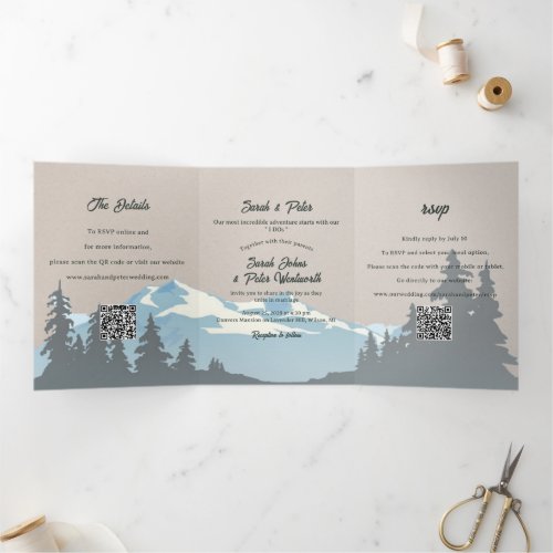 Rustic Mountain Range Pine Forest QR Code Wedding Tri-Fold Invitation