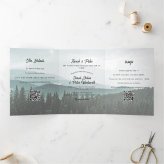 Rustic Mountain Range Pine Forest QR Code Wedding Tri-Fold Invitation