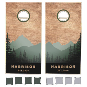 Rustic Mountain Range Pine Trees Wedding Family Cornhole Set