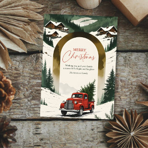 Rustic Mountain Red Vintage Truck & Tree Christmas Holiday Card