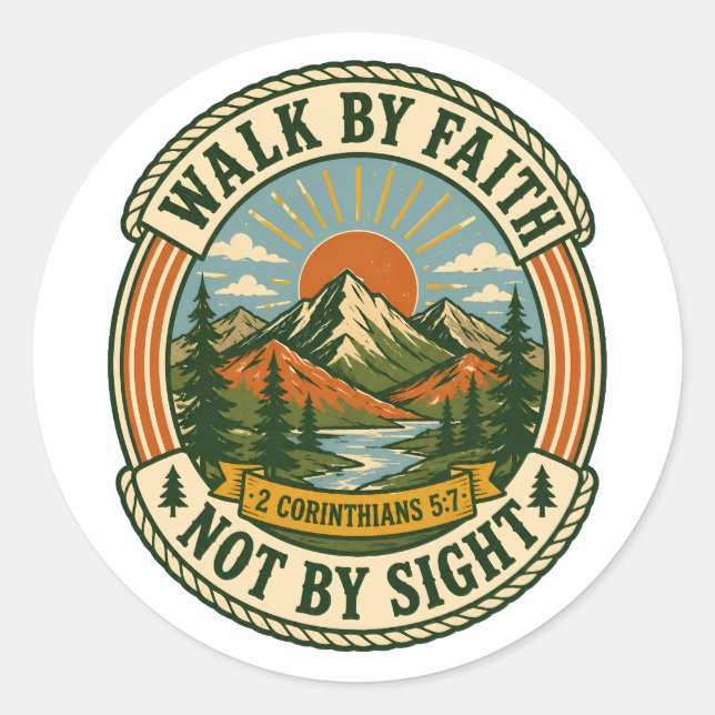 Rustic Mountain Retro Sunrise Scripture Adventure Classic Round Sticker (Front)