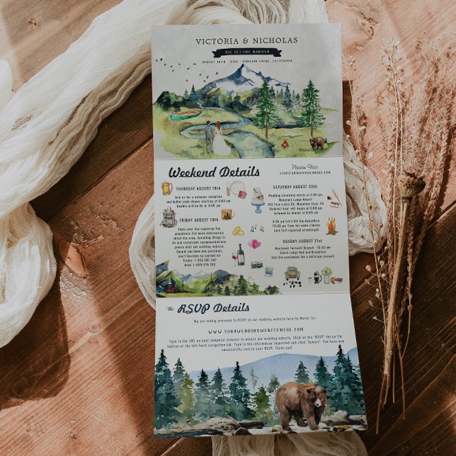 Rustic Mountain River Forest | Illustrated Wedding Tri-Fold Invitation (Creator Uploaded)
