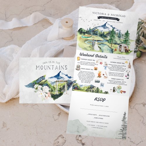 Rustic Mountain River Forest  Illustrated Wedding Tri_Fold Invitation
