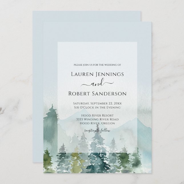 Rustic Mountain Sage Pine Tree Wedding Invitation (Front/Back)