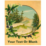 Rustic Mountain Scene Statuette<br><div class="desc">A vintage rustic image; a circular vignette featuring mountains and conifer trees with snow in the branches surrounded by a floral motif. Add your own text.</div>