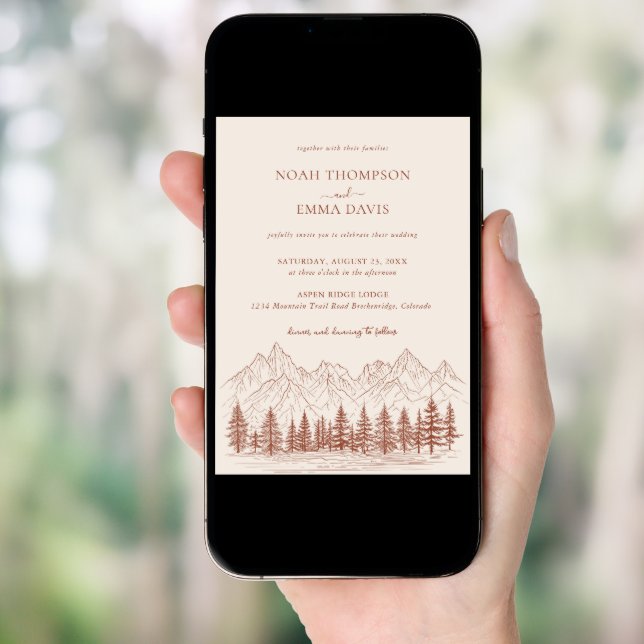 Rustic Mountain Sketch Pine Terracotta Wedding Invitation (Front Digital)
