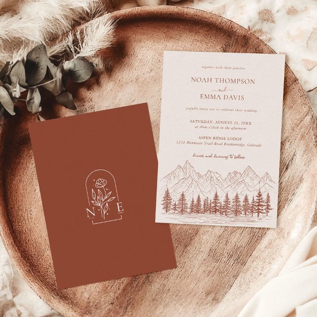 Rustic Mountain Sketch Pine Terracotta Wedding Invitation (Creator Uploaded)