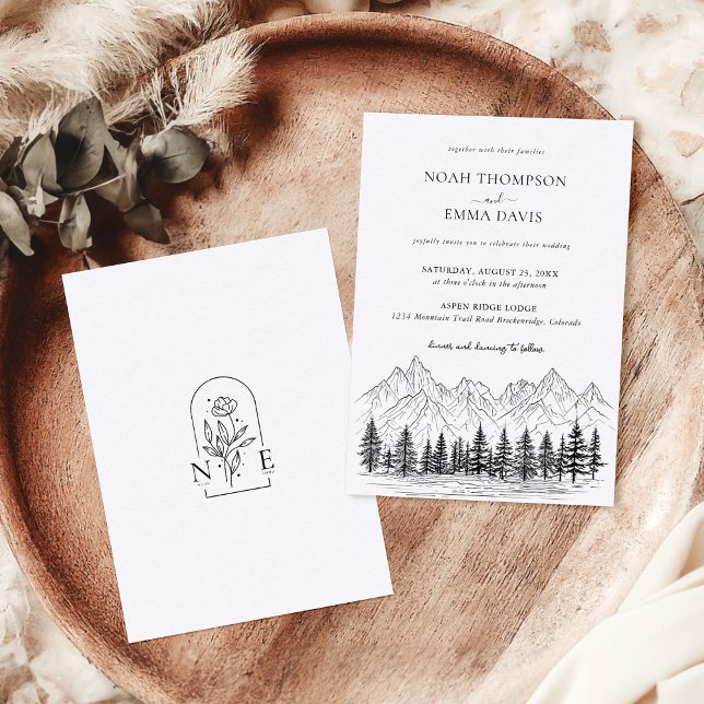Rustic Mountain Sketch Woodland Pine Wedding Invitation (Creator Uploaded)