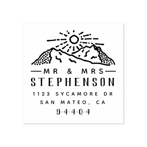 Rustic Mountain Sunrise Sketch Couple Home Address Rubber Stamp
