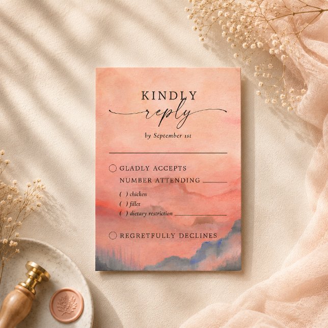Rustic Mountain Sunset Watercolor Meal Choice RSVP Card (Set the tone of your rustic wedding with this mountain-inspired RSVP featuring a watercolor sunset.)