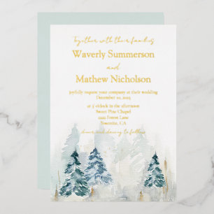 Rustic Mountain Trees Evergreen Watercolor Wedding Foil Invitation