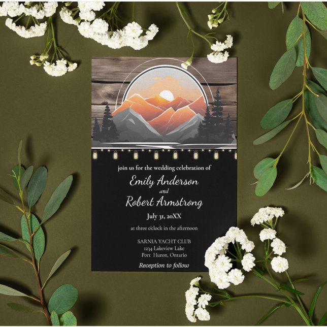 Rustic Mountain Valley Forest Sunset Nature Invitation (Mountain Forest Sunset Lakeside Wedding Invitation Suite.)