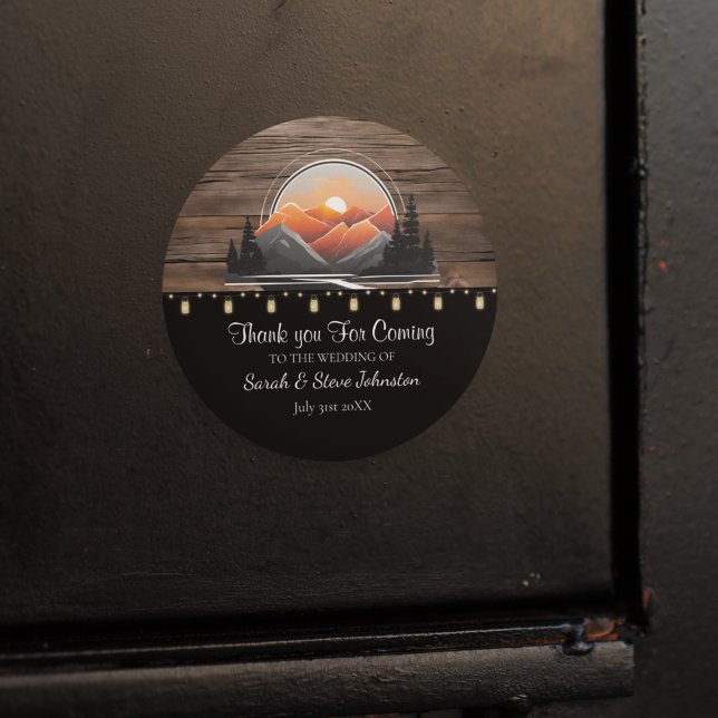 Rustic Mountain Valley Forest Sunset Wedding Favor Classic Round Sticker (Rustic Mountain Wedding Favor Sticker)