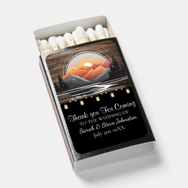Rustic Mountain Valley Forest Sunset Wedding Favor Matchboxes (Front Open)