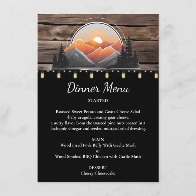 Rustic Mountain Valley Forest Sunset Wedding Menu (Front)