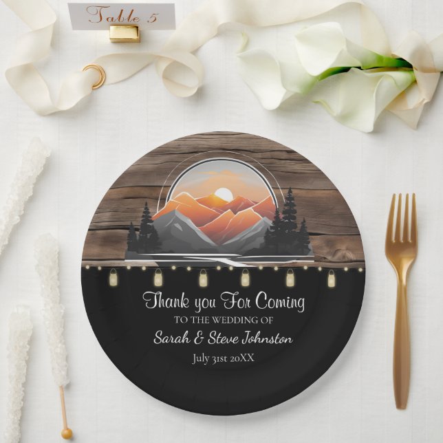 Rustic Mountain Valley Forest Sunset Wedding  Paper Plates (Wedding)