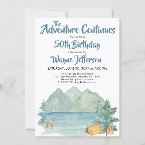 Rustic Mountain Watercolor Adventure 50th Birthday Invitation