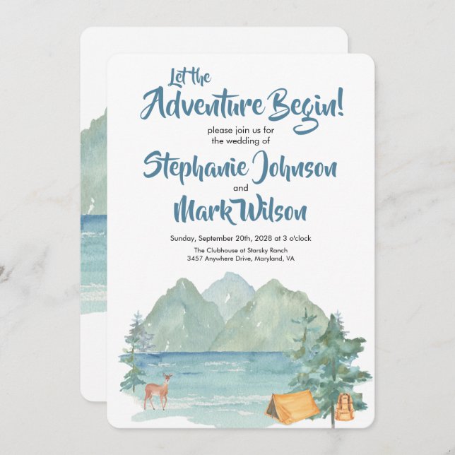 Rustic Mountain Watercolor Adventure Begin Wedding Invitation (Front/Back)