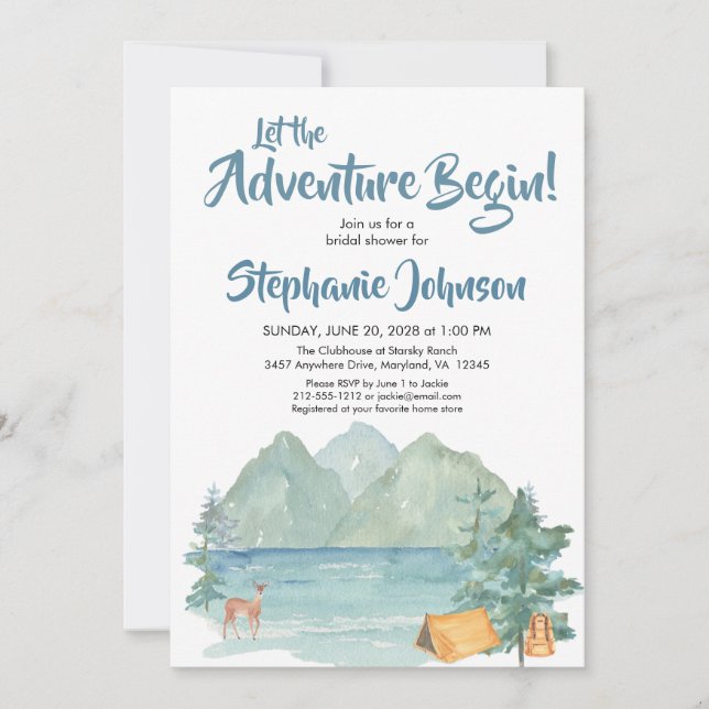Rustic Mountain Watercolor Adventure Bridal Shower Invitation (Front)