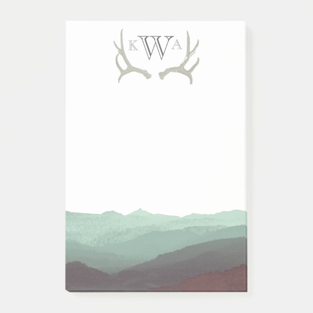 Rustic Mountain Watercolor & Antler | Monogram | Post-it Notes (Front)