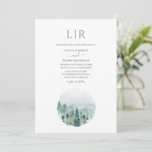 Rustic Mountain Watercolor Evergreen Tree Wedding Invitation