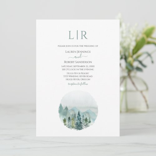 Rustic Mountain Watercolor Evergreen Tree Wedding Invitation