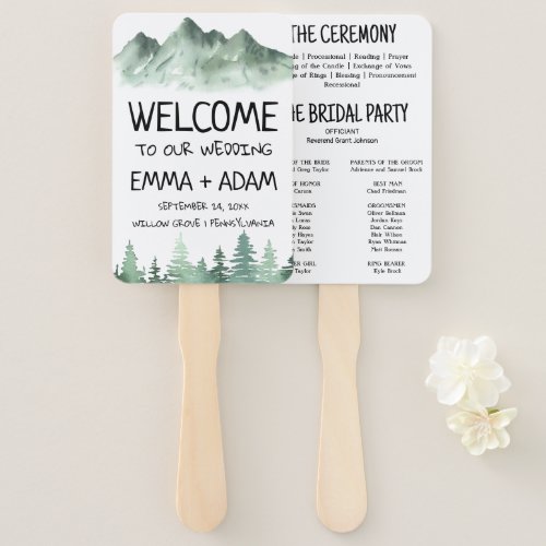 Rustic Mountain Watercolor Forest Tree Wedding Hand Fan