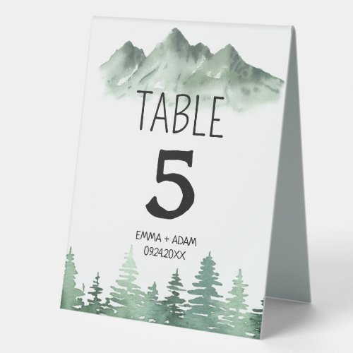 Rustic Mountain Watercolor Forest Tree Wedding Table Tent Sign