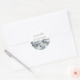 Rustic Mountain Watercolor Photo Save the Date Classic Round Sticker