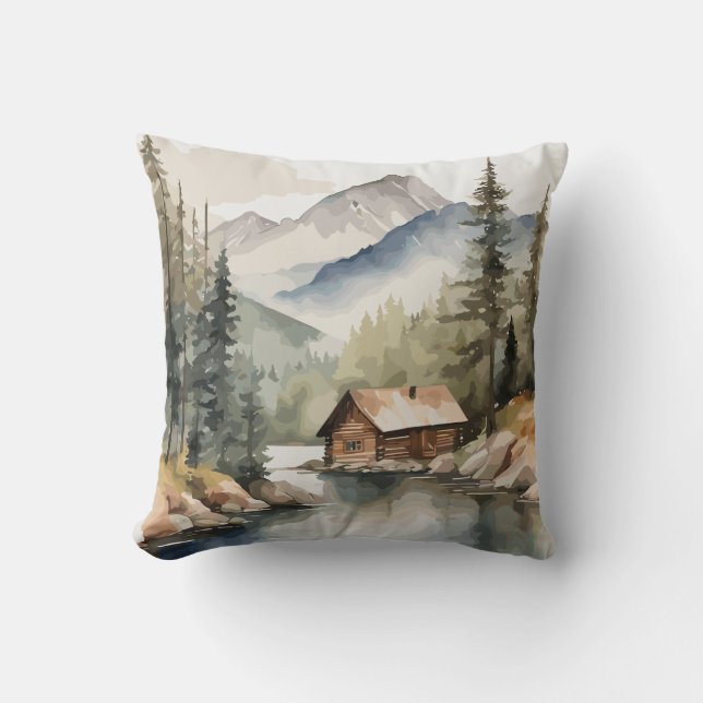 Rustic Mountain Watercolor  Throw Pillow (Front)