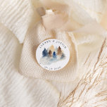 Rustic Mountain Watercolor Trees Monogram Classic Round Sticker<br><div class="desc">Our "Rustic Mountain" collection features watercolor landscapes paired with wood slice decorative items creating a sophisticated nature inspired look. Color scheme consists of muted browns and blues with a touch of green. All information is in a combination of a script and serif font. Check our store for more items from...</div>