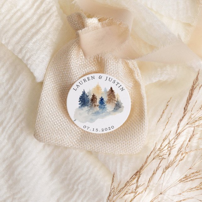 Rustic Mountain Watercolor Trees Monogram Classic Round Sticker (Creator Uploaded)