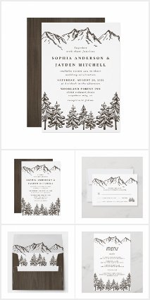 Rustic Mountain Watercolor Wedding Invitations Set