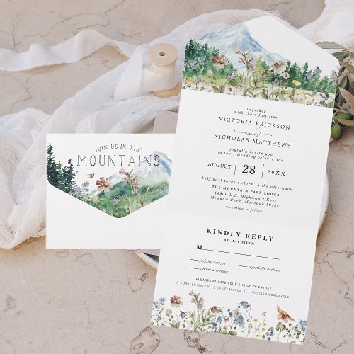 Rustic Mountain Wildflower  Boho Wedding All In One Invitation