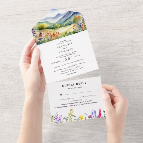 Rustic Mountain Wildflower  Boho Wedding All In One Invitation