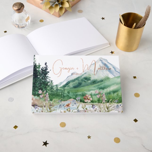 Rustic Mountain Wildflower | Boho Wedding Foil Guest Book (Front Open)
