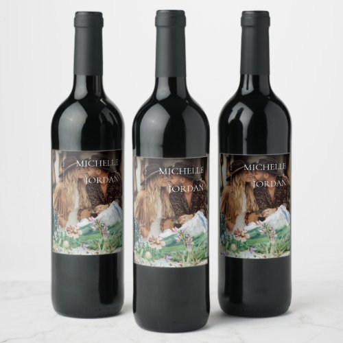 Rustic Mountain Wildflower  Boho Wedding Photo Wine Label