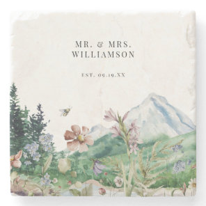 Rustic Mountain Wildflower | Wedding Monogram Stone Coaster