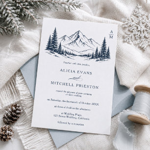 Rustic Mountain Winter Initials Wedding Letterpress Invitation