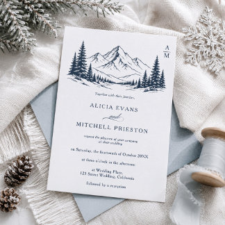 Rustic Mountain Winter Initials Wedding Letterpress Invitation